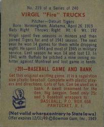 1949 Bowman #219 Virgil Trucks RC back image