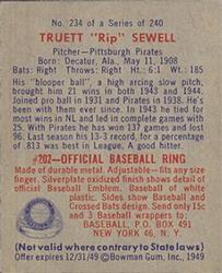 1949 Bowman #234 Rip Sewell RC back image