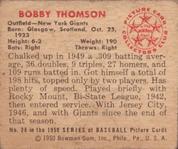 1950 Bowman #28 Bobby Thomson back image