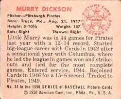 1950 Bowman #34 Murry Dickson back image