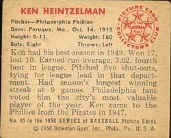 1950 Bowman #85 Ken Heintzelman back image