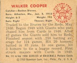 1950 Bowman #111 Walker Cooper back image
