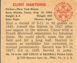 1950 Bowman #118 Clint Hartung back image