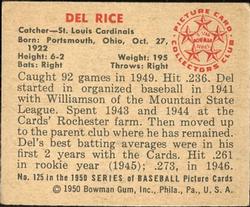 1950 Bowman #125 Del Rice RC back image