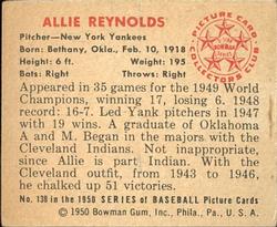 1950 Bowman #138 Allie Reynolds back image
