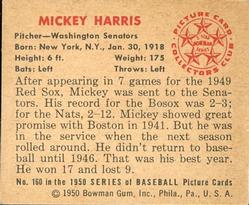1950 Bowman #160 Mickey Harris back image