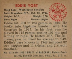1950 Bowman #162 Eddie Yost back image