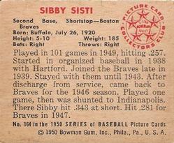 1950 Bowman #164 Sibby Sisti back image