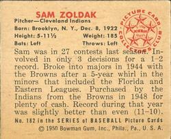 1950 Bowman #182 Sam Zoldak back image