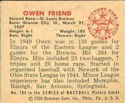 1950 Bowman #189 Owen Friend RC back image