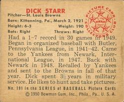 1950 Bowman #191 Dick Starr RC back image