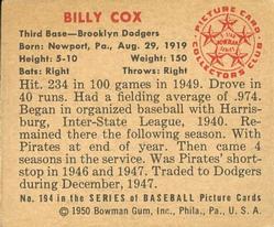 1950 Bowman #194 Billy Cox back image