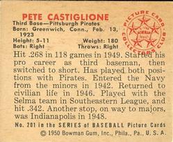 1950 Bowman #201 Pete Castiglione RC back image