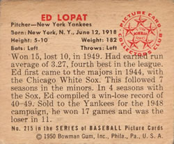 1950 Bowman #215 Ed Lopat back image