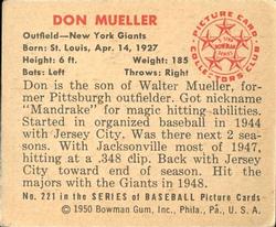 1950 Bowman #221 Don Mueller RC back image