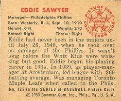 1950 Bowman #225 Eddie Sawyer MG RC back image