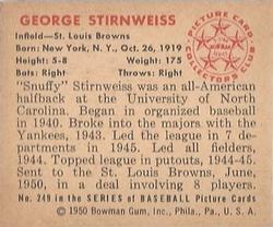 1950 Bowman #249 Snuffy Stirnweiss back image