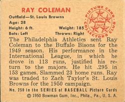 1950 Bowman #250 Ray Coleman RC back image