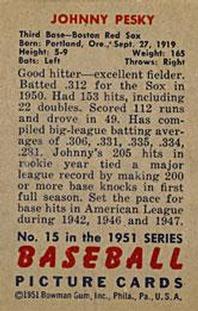 1951 Bowman #15 Johnny Pesky back image