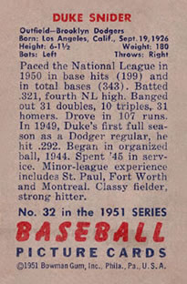1951 Bowman #32 Duke Snider back image