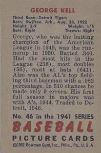 1951 Bowman #46 George Kell UER/Mentions 1941 back image