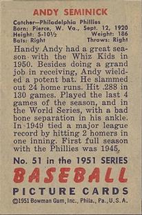 1951 Bowman #51 Andy Seminick back image