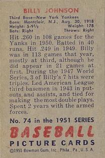 1951 Bowman #74 Billy Johnson back image