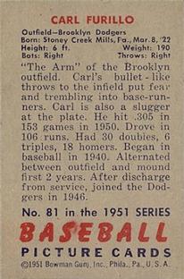 1951 Bowman #81 Carl Furillo back image