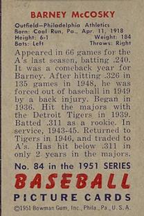 1951 Bowman #84 Barney McCosky back image