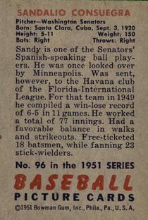1951 Bowman #96 Sandy Consuegra RC back image