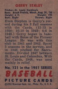 1951 Bowman #121 Gerry Staley RC back image