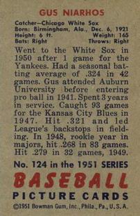 1951 Bowman #124 Gus Niarhos back image
