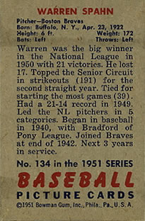 1951 Bowman #134 Warren Spahn back image