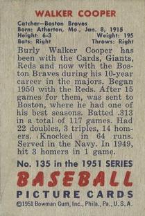 1951 Bowman #135 Walker Cooper back image