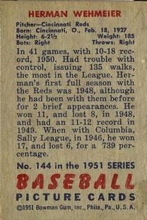 1951 Bowman #144 Herman Wehmeier back image