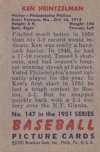 1951 Bowman #147 Ken Heintzelman back image