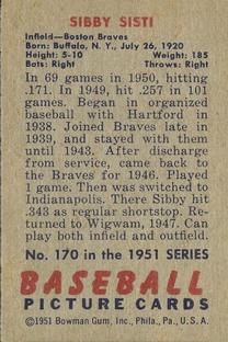 1951 Bowman #170 Sibby Sisti back image