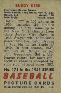 1951 Bowman #171 Buddy Kerr back image