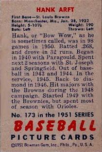1951 Bowman #173 Hank Arft back image