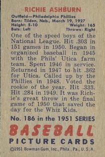 1951 Bowman #186 Richie Ashburn back image