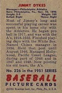 1951 Bowman #226 Jimmy Dykes MG back image