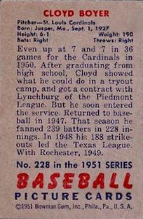 1951 Bowman #228 Cloyd Boyer RC back image
