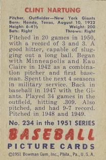 1951 Bowman #234 Clint Hartung back image