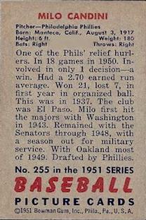 1951 Bowman #255 Milo Candini RC back image