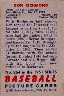 1951 Bowman #264 Don Richmond RC back image