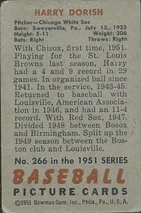 1951 Bowman #266 Harry Dorish RC back image