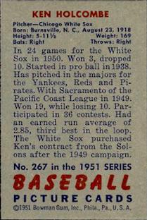 1951 Bowman #267 Ken Holcombe RC back image