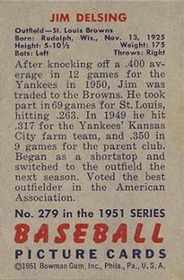 1951 Bowman #279 Jim Delsing RC back image