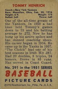 1951 Bowman #291 Tommy Henrich CO back image