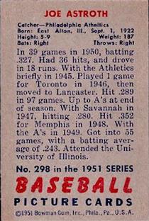 1951 Bowman #298 Joe Astroth RC back image